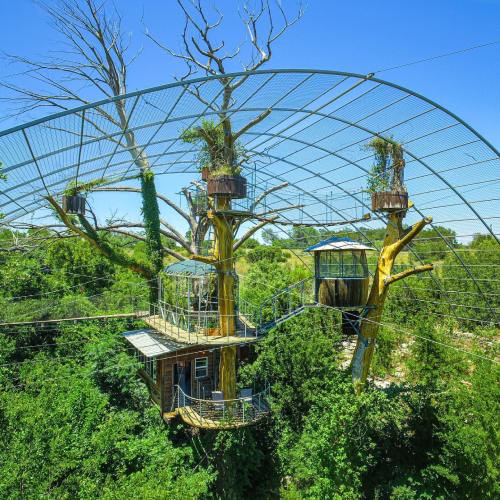 A unique treehouse structure surrounded by greenery, featuring a mesh canopy and multiple levels for exploration.