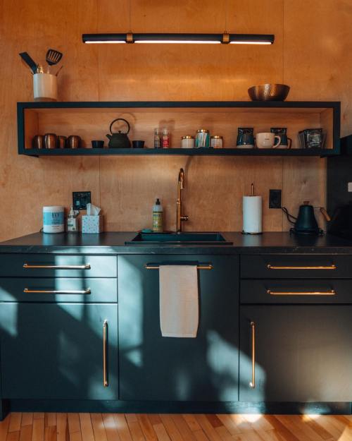 A modern kitchen with dark cabinetry, a wooden wall, and a shelf displaying various kitchen items and decor.