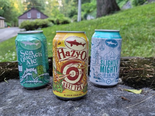 Three colorful beer cans on a stone surface: Sea Quench Ale, Hazy-O IPA, and Slightly Mighty Lo-Cal IPA.