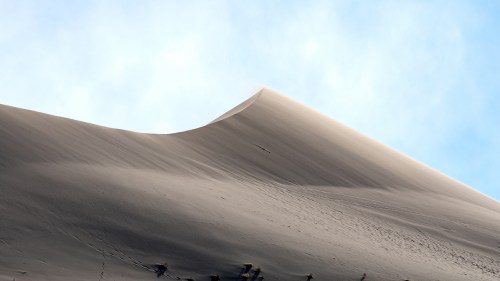 A smooth, sandy dune rises against a clear blue sky, showcasing gentle curves and soft textures.