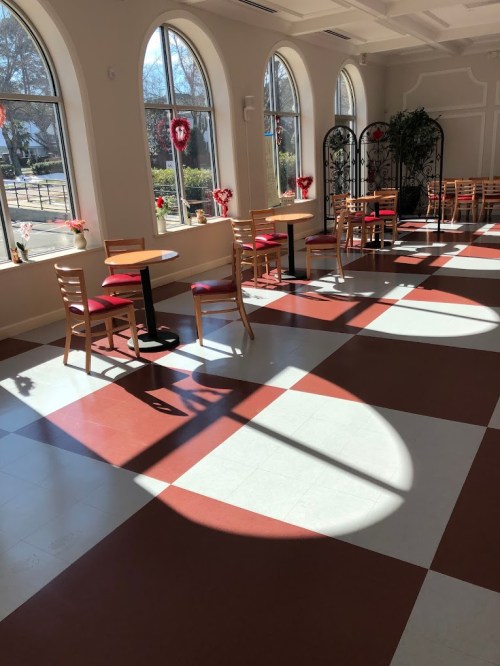 Bright, airy café interior with tables and chairs, large windows, and patterned floor casting shadows.