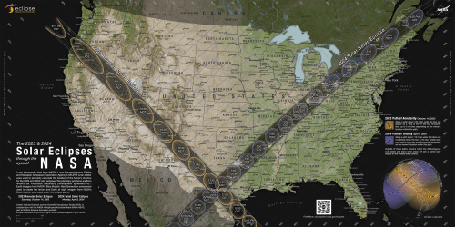 Map showing the paths of the 2023 and 2024 solar eclipses across the United States, with key locations and timings.
