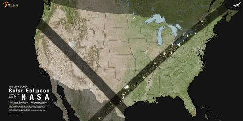 Map of the U.S. showing the path of a solar eclipse, with shaded areas indicating totality zones.