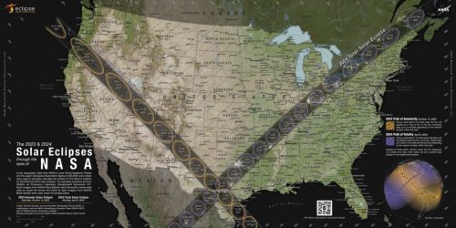 Map of the USA showing the paths of the 2023 and 2024 solar eclipses, with key locations and timings marked.