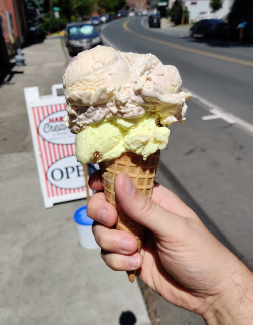 A hand holding a cone with two scoops of ice cream: one light brown and one green, with a shop sign in the background.