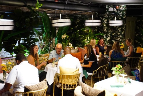 A lively restaurant scene with guests dining among lush greenery and stylish decor, enjoying drinks and conversation.