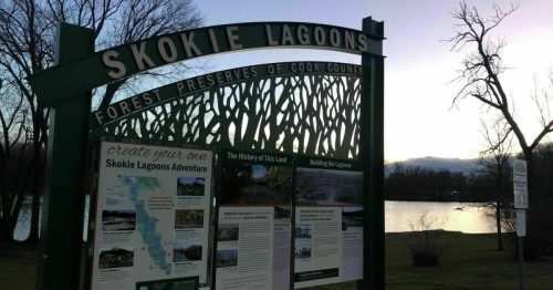 Sign at Skokie Lagoons, showcasing information about the area and its history, with a lake in the background.