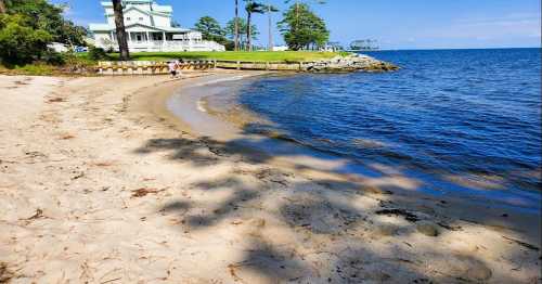 A sandy beach curves along a calm water shoreline, with trees and a house visible in the background under a clear blue sky.