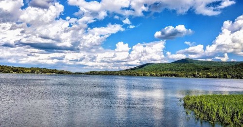 A serene lake surrounded by lush greenery and rolling hills under a bright blue sky with fluffy white clouds.
