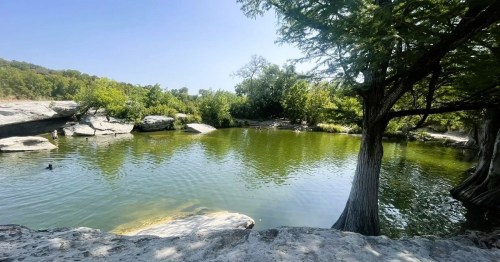 A serene natural pond surrounded by trees and rocks under a clear blue sky, with people enjoying the water.