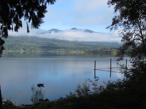 A serene lake surrounded by trees and mountains, with mist hovering over the water and a calm, reflective surface.