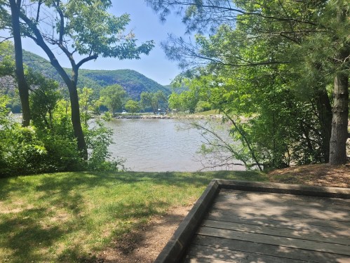 A serene view of a river surrounded by lush greenery and mountains under a clear blue sky.