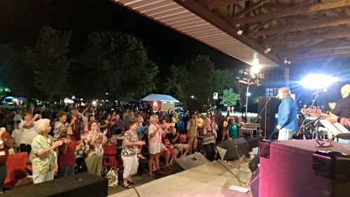 A lively outdoor concert scene at night, with a crowd enjoying music under a pavilion.