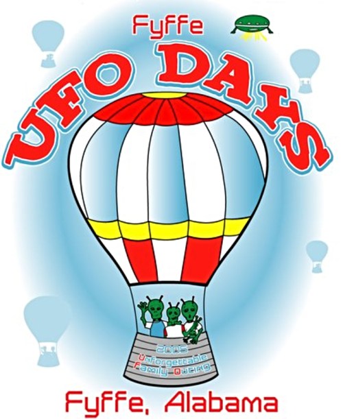 Colorful illustration of a hot air balloon with aliens, promoting "UFO Days" in Fyffe, Alabama.