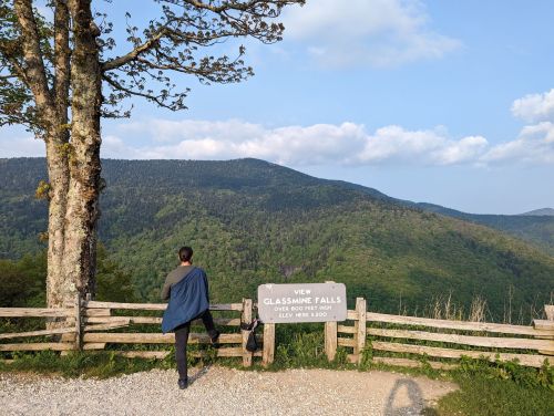 A person stands by a wooden fence, looking at a scenic view of mountains and trees near a sign for Glassmine Falls.