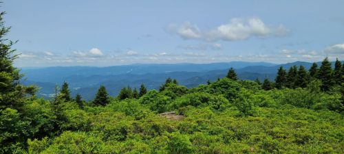A panoramic view of lush green mountains under a clear blue sky with scattered clouds.