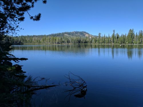 A serene lake surrounded by lush green trees under a clear blue sky, reflecting the landscape in calm waters.