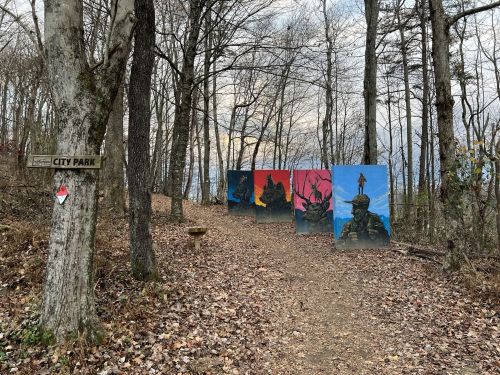 A trail in a park with colorful art panels depicting landscapes, surrounded by trees and fallen leaves.