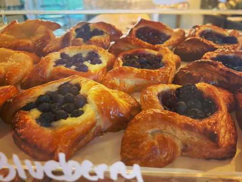 A display of freshly baked blueberry pastries with a golden, flaky crust and filled with blueberries.