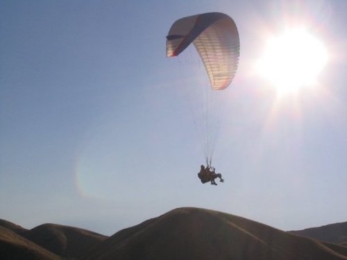 A paraglider soars above rolling hills under a bright sun, capturing a sense of adventure and freedom.