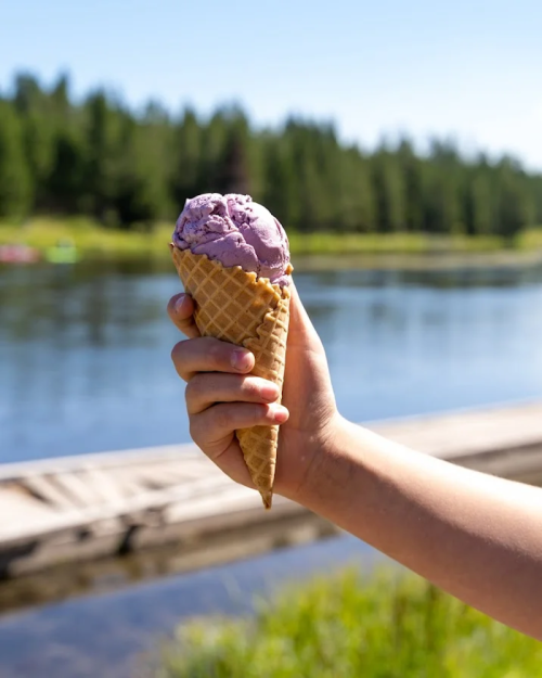 A hand holding a cone of purple ice cream by a serene lake with trees in the background on a sunny day.