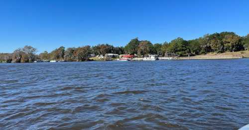 A calm river scene with trees and houses along the shore under a clear blue sky.