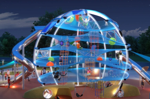 A colorful, illuminated playground structure with children climbing and playing at night, surrounded by trees.