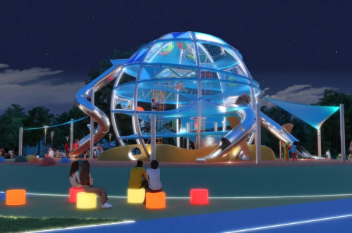 A colorful, futuristic playground at night, featuring slides and climbing structures, with people sitting nearby.