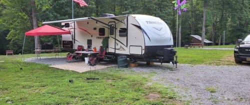 A camper parked in a grassy area with a red canopy, chairs, and an American flag nearby. Trees in the background.