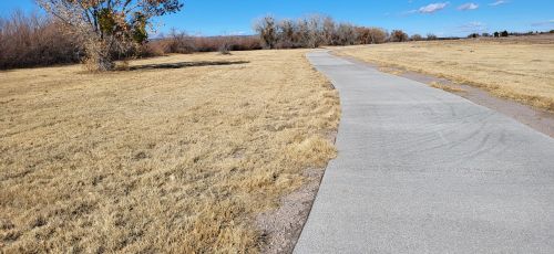 A paved path winds through a grassy field with sparse trees under a clear blue sky.