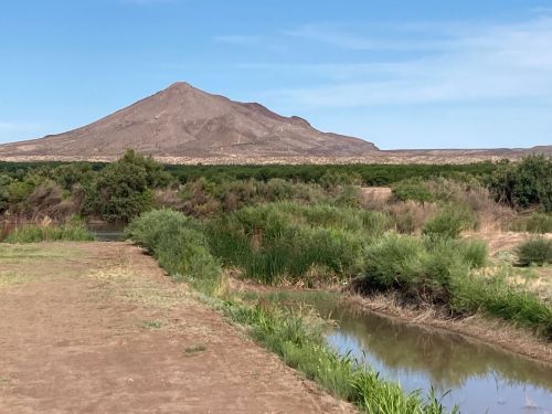 A dry landscape featuring a mountain in the background, with a small stream and lush greenery in the foreground.