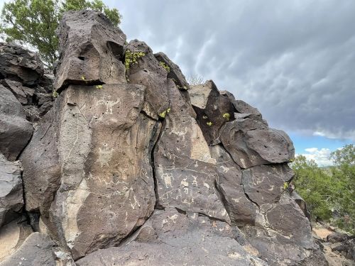 Petroglyphs etched into dark volcanic rock, surrounded by greenery under a cloudy sky.
