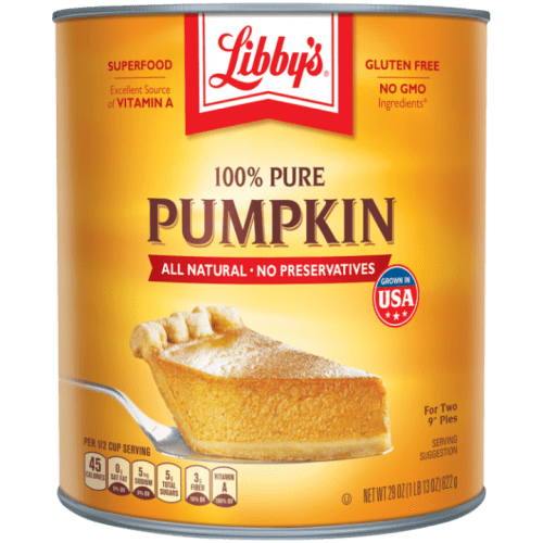 A can of Libby's 100% pure pumpkin, labeled gluten-free and all-natural, with a slice of pumpkin pie on the side.