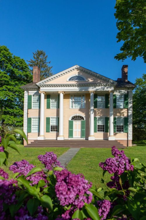 A historic house with columns, green shutters, and a manicured lawn, framed by blooming lilacs under a clear blue sky.