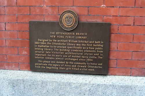 Plaque detailing the history of the Ottendorfer Branch of the New York Public Library, designed by William Schickel.