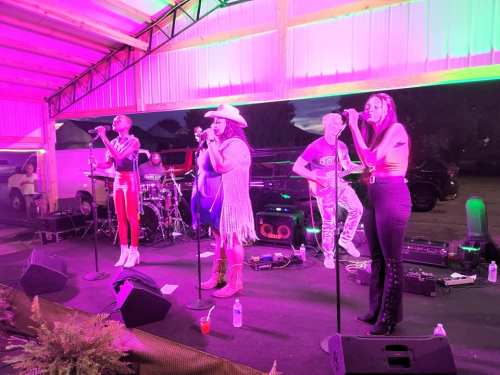 A lively band performs on stage with colorful lights, featuring singers and musicians in a vibrant outdoor setting.