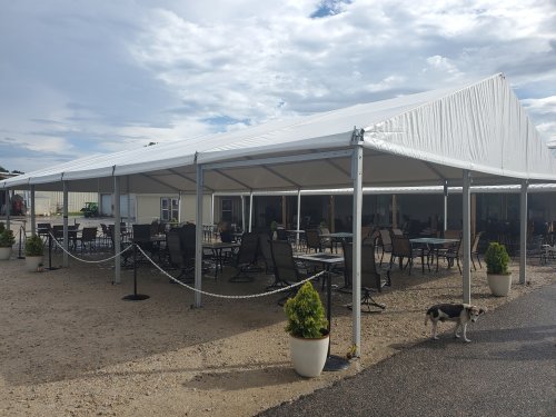 A large white tent with tables and chairs set up outside, surrounded by potted plants and a dog walking nearby.