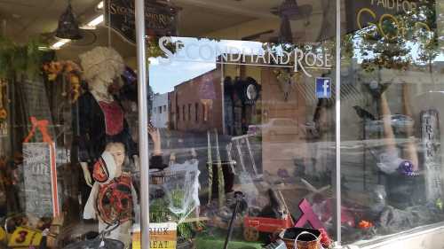 A storefront window displaying various items for sale, including clothing and decorations, with the sign "Secondhand Rose."