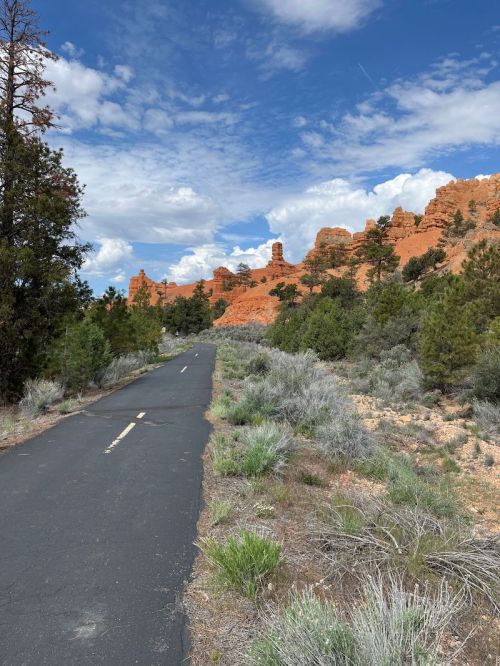 A paved path winds through green shrubs, leading to red rock formations under a partly cloudy sky.