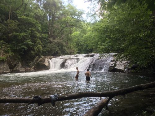 Two people wade in a serene river near a waterfall, surrounded by lush green trees and rocky terrain.