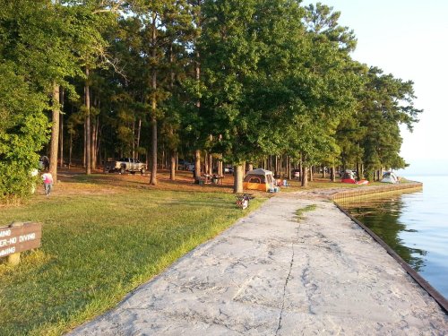 A serene lakeside scene with tents, trees, and a concrete path leading to the water, surrounded by greenery.