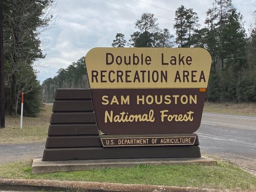 Sign for Double Lake Recreation Area in Sam Houston National Forest, U.S. Department of Agriculture.