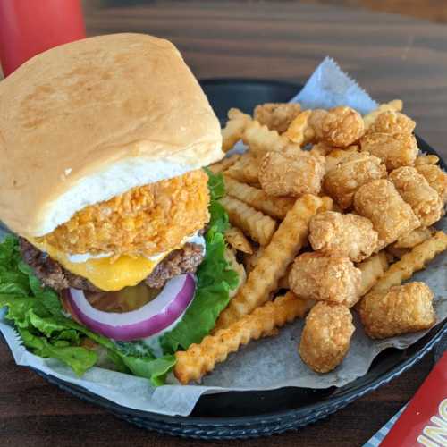 A crispy chicken sandwich with lettuce, tomato, and cheese, served with crinkle-cut fries and tater tots on the side.