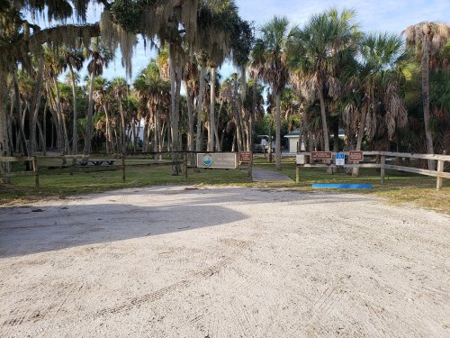A sandy path leads through a park with palm trees and signs, inviting visitors to explore the area.