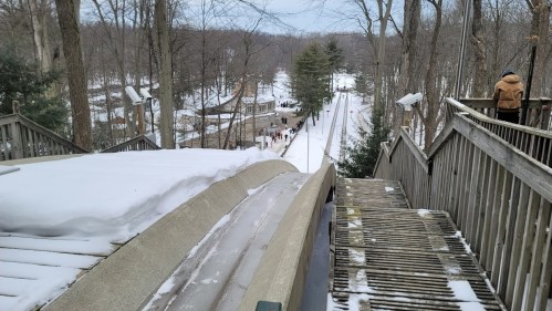 A snowy landscape with a slide and wooden stairs, leading down to a path with people in a forested area.