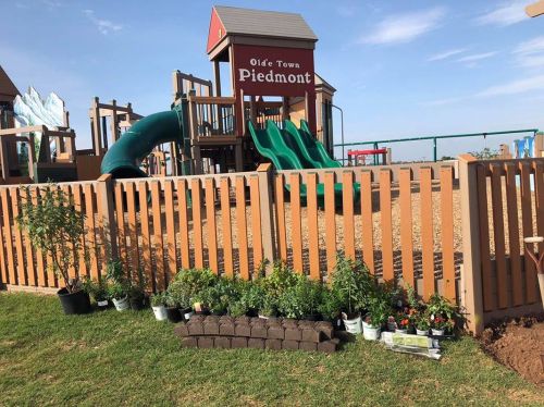 Playground with green slides and a wooden fence, featuring a garden of potted plants in the foreground.