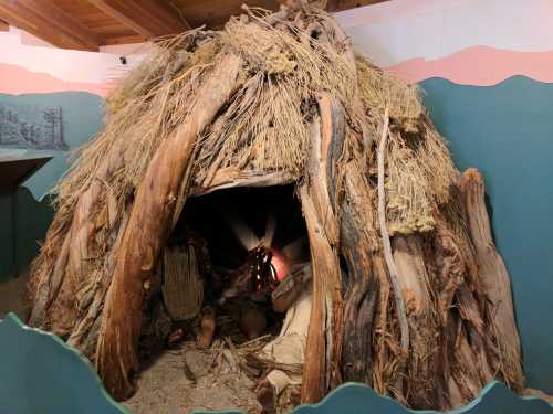 A traditional dwelling made of wood and natural materials, resembling a hut, with a fire inside.