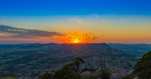 view of flock of birds and sunset from mount scott in oklahoma