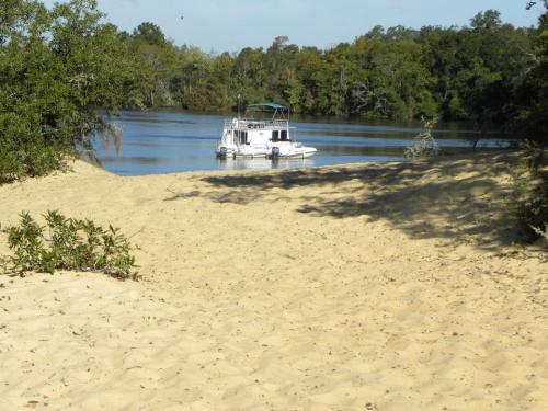 A sandy shore leads to a calm river with a white boat anchored nearby, surrounded by lush green trees.
