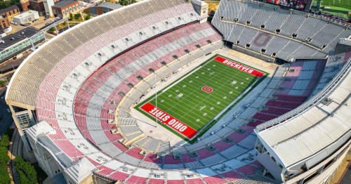 aerial shot of the ohio state football stadium with empty seats